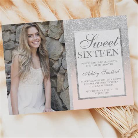 Silver Glitter Blush Ombre Photo Sweet Invitation Zazzle