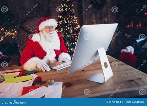 Photo Of Positive Busy Santa Claus Wear Red Costume Online Christmas