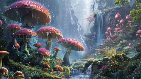 Enchanted Forest With Giant Mushrooms And Waterfall Stock Illustration