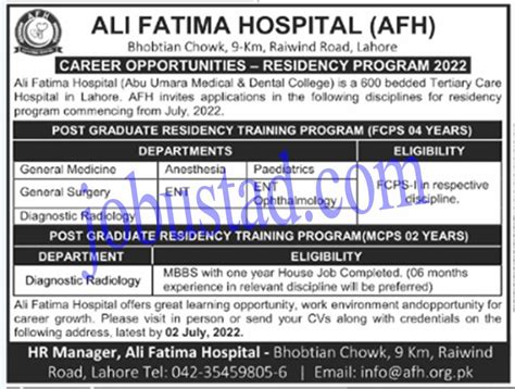 Ali Fatima Hospital Afh Jobs 2022 In Lahore Advertisement Hospital