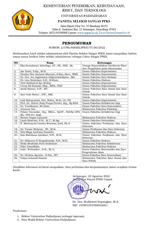 Pengumuman Hasil Seleksi Administrasi Calon Satgas PPKS Unpad