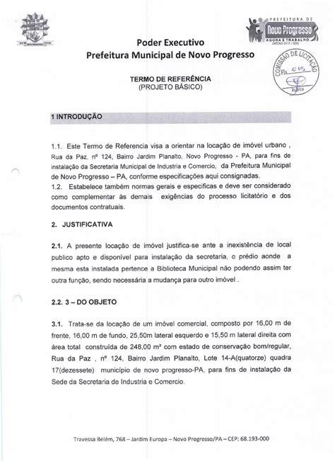 Termo De Refer Ncia Prefeitura Municipal De Novo Progresso Gest O