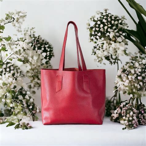 Red Leather Tote Bag For Women Raw Edge Shopper Purse Leather Shoulder Bag Large Marketing Bag