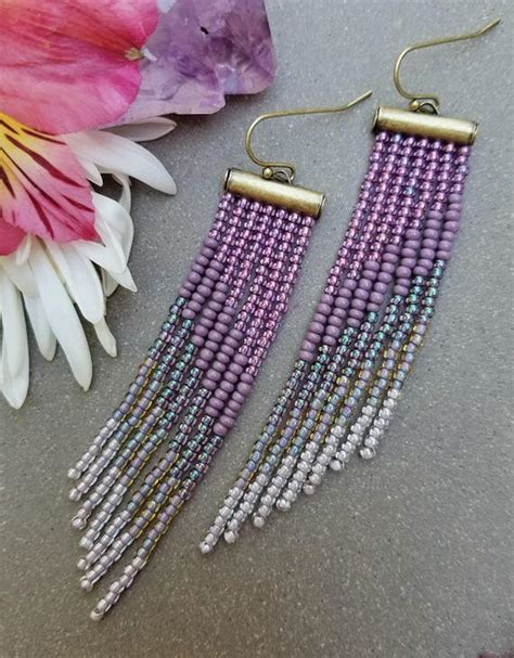 Purple Ombre Seed Bead Fringe Earrings Lavender