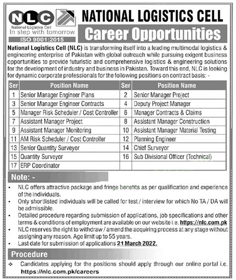 National Logistics Cell NLC Jobs 2022 Advertisement