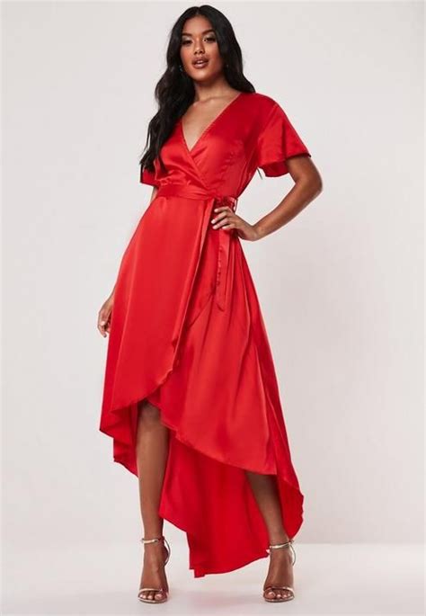 Red Satin Wrap Ruffle Asymmetric Midi Dress In 2020 Satin Midi Dress Red Boho Dress Red Midi