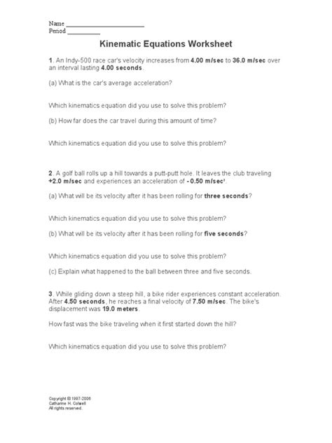 Kinematic Equations Worksheets