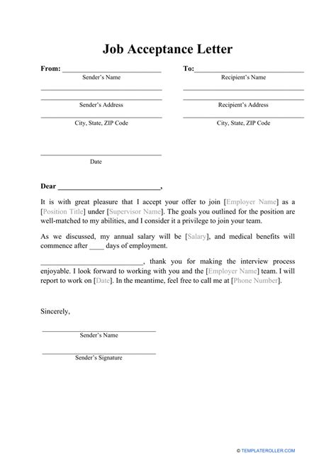 Job Acceptance Letter Template Download Printable Pdf Templateroller