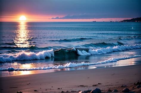 Uma praia um pôr do sol e o sol se pondo no horizonte Foto Premium