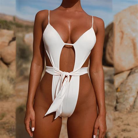 Sexy High Cut Leg Swimwear One Piece Swimsuit Women Waist Bandeau Monokini Thong Bodysuit White