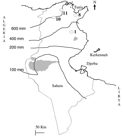 Map of Tunisia with the location of M. ciliaris sampling sites. 1 ...