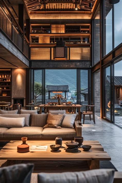 Rustic Chinese-Style House Interior with a View of a Mountain Village