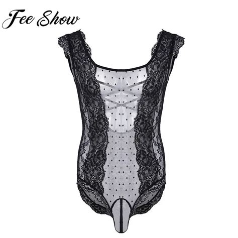 Feeshow Black Mens One Piece Crossdress Male Lingerie Floral Lace See Through Sissy Pouch