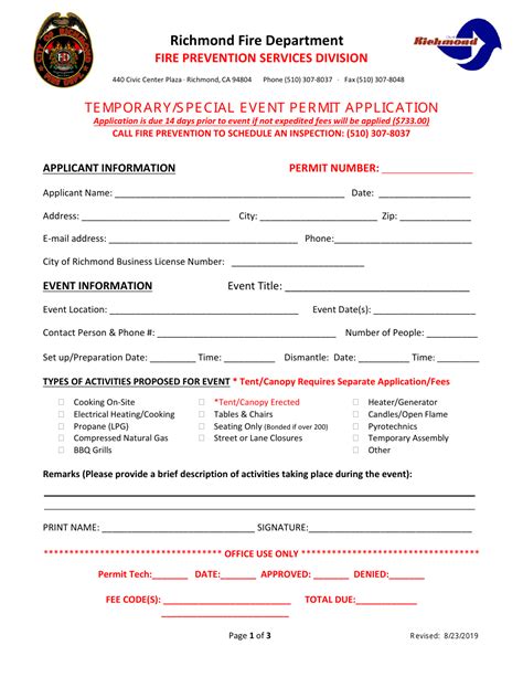 Richmond City California Temporary Special Event Permit Application