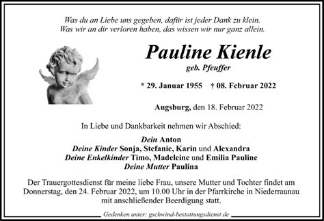 Traueranzeigen von Pauline Kienle Allgäuer Zeitung