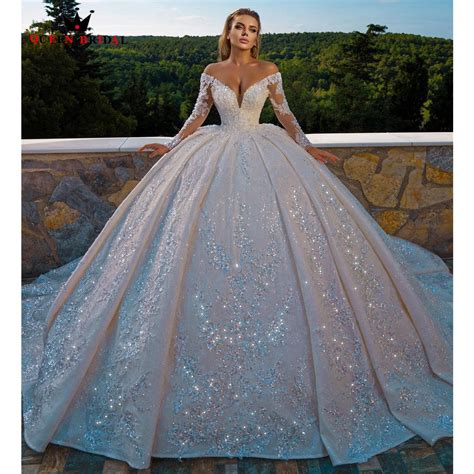 Luxury Wedding Dresses Ball Gown Puffy Long Sleeve Sequins Tulle Lace ...