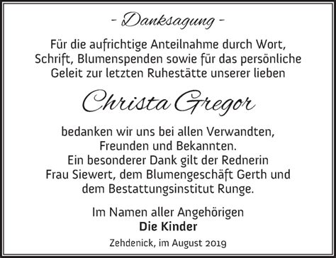 Traueranzeigen von Christa Gregor Märkische Onlinezeitung Trauerportal