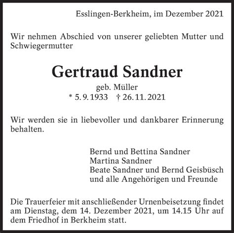 Traueranzeigen Von Gertraud Sandner Zeit Des Gedenkens De