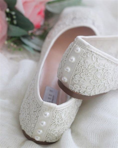 Ivory Lace Round Toe Flats With Back Pearls Women Lace Shoes Bridal