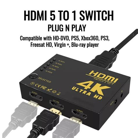 4K HDMI SWITCH Switcher 5 Port Splitter Hub IR Remote For HDTV PS3 5 In