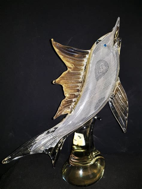 Middle Of Century Large Murano Glass Reticello With Gold Leaf Swordfish