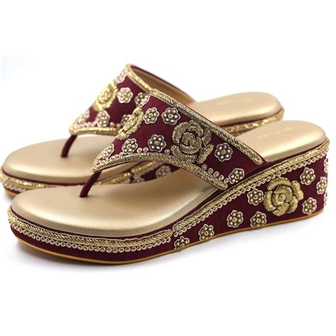 Maroon Suede Women Wedding Wedges With Zardozi Hand Embroidery Wedding