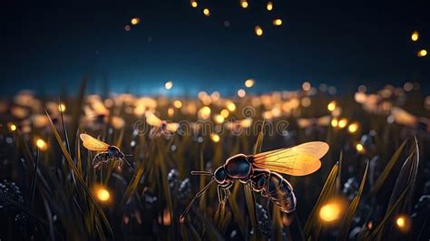 fireflies glow   flowering meadow  night stock illustration