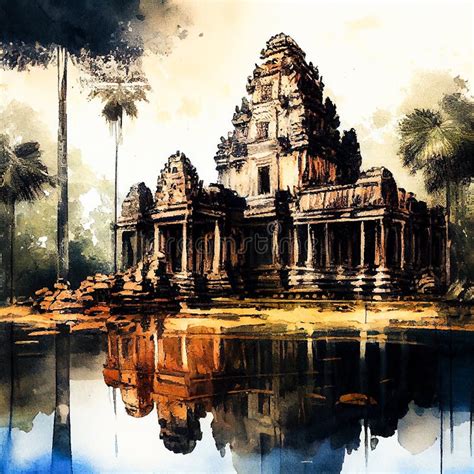 Antigo Templo Angkor Vat Na Ilustração Ai Do Camboja Ilustração Stock