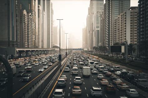 Rush Hour With Many Cars On Dubai City Road Traffic Jam In Downtown