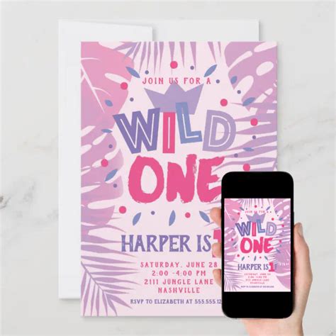 Wild One Jungle Theme Girl First Birthday Invitation | Zazzle