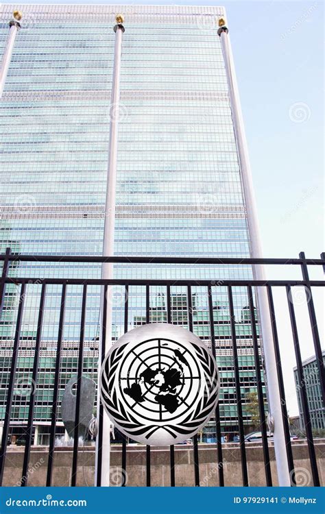 The United Nations Headquarters Building Viewed through the Fence with UN Logo Editorial Photo ...