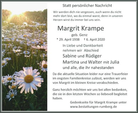 Traueranzeigen Von Margrit Krampe Trauer In Nrw De