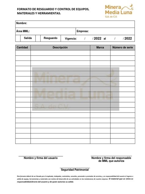 Formato De Resguardo Y Control De Equipos Materiales Y Herramientas 2022 Pdf