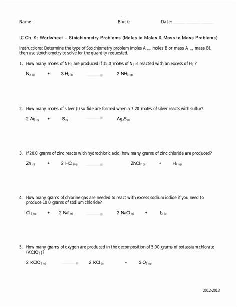 Stoichiometry Mole To Mole Worksheets Answers