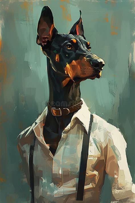 Painting Of A Doberman Dog Wearing A Shirt And Suspenders Stock