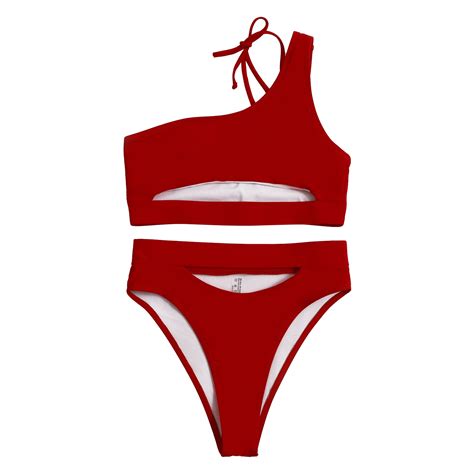 Women 2022 Sexy Solid Bandage Bikini High Cut One Shoulder Swimsuit Thong With High Waist