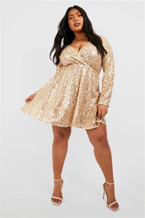 Plus Sequin Wrap Skater Dress Boohoo