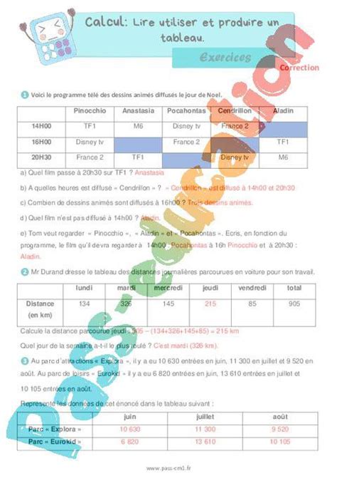 Lire Utiliser Et Produire Un Tableau Exercices De Calcul Pour Le Cm