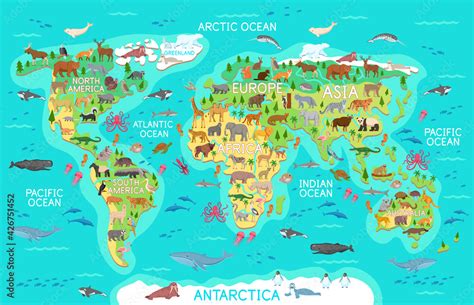 The vector world map with flat cartoon wild animals for kids.South ...