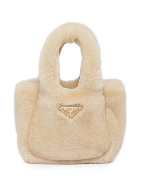 Prada Mini Triangle Logo Shearling Tote Bag Neutrals Farfetch