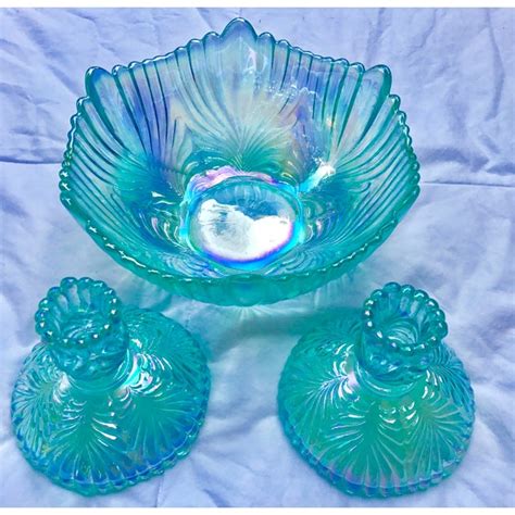 Vintage Fenton Aqua Carnival Glass Matching Bowl And Candlesticks Signed 3 Piece Set Chairish