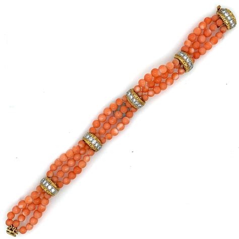 Van Cleef And Arpels Karat Yellow Gold Diamond And Coral Bead