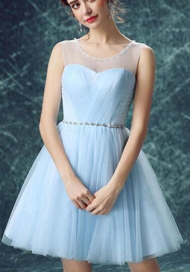 Cute Short Light Blue Scoop Perspective Straps Knee Length Tulle