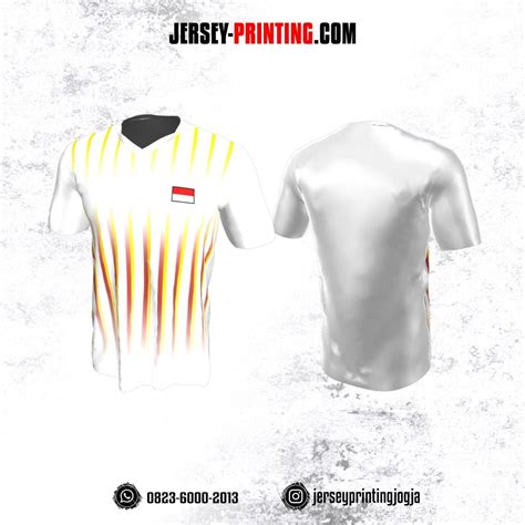 Jersey Badminton Putih Motif Garis Kuning Merah Jersey Printing