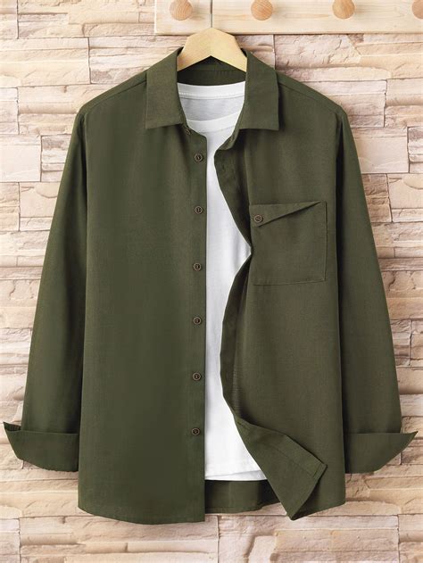 Stylish Army Green Button Front Shirt For Men