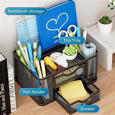 Marbrasse Mesh Desk Organizer Pen Organizer With Drawer Multi