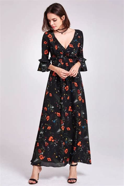 Classy Long Sleeve Floral Print Maxi Dress 45 12 As07170bk