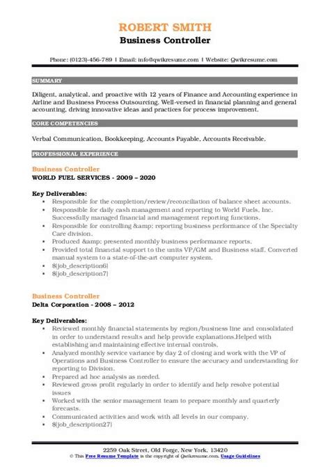 Business Controller Resume Samples | QwikResume