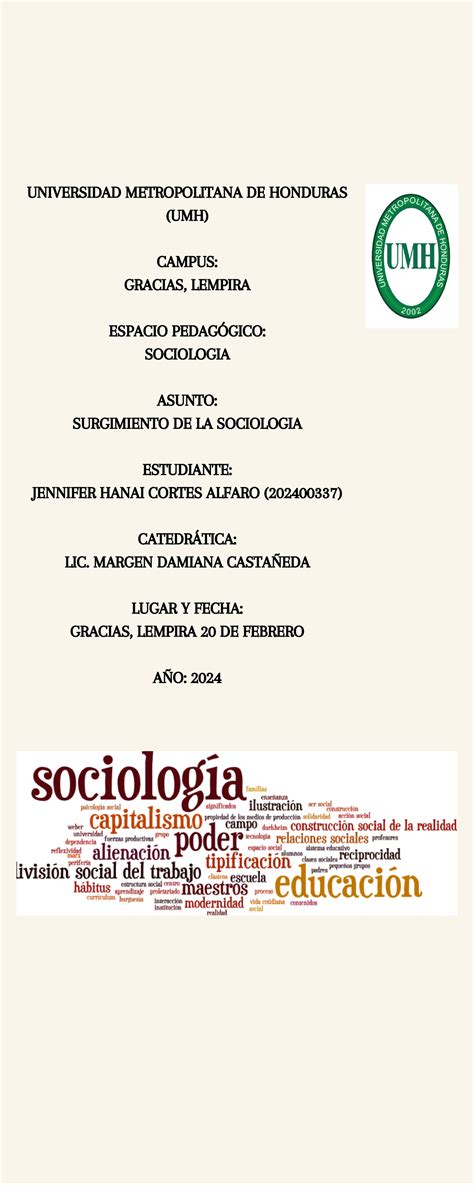 Surgimiento DE LA Sociologia UNIVERSIDAD METROPOLITANA DE HONDURAS