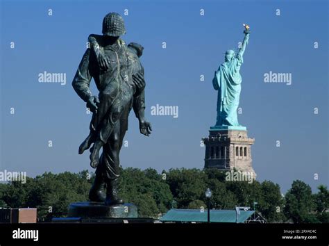 Liberation Monument with Statue of Liberty, Liberty State Park, New ...